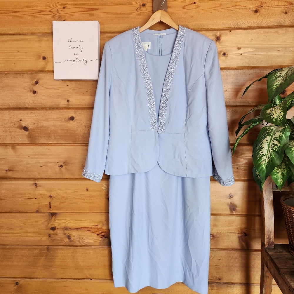Henry Lee Vintage 2 Piece Shift Dress Suit Embroidered Trim Jacket 80s 90s Sz 16